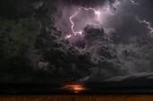 Night lightning from supercell thunderstorm, Oklahoma, USA