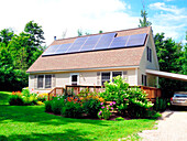 Suburban home with solar panels