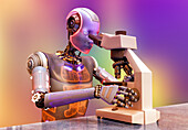 Humanoid robot working with microscope, illustration