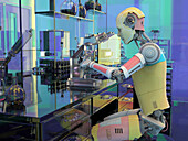 Humanoid robot working with microscope, illustration