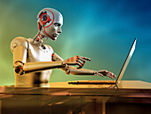 Humanoid robot working with laptop, conceptual illustration