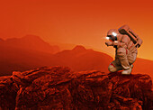 Astronaut exploring on Mars, illustration