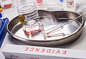 Blood-stained glass sample in an evidence jar