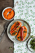 sandwiches, zucchini caviar, grilled sausages