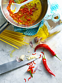 Ingredients for macaroni aglio e olio