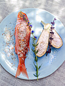 Grilled red mullet with sea salt and aubergine