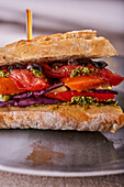 A vegetarian sandwich with grilled vegetables