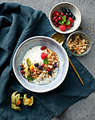 Yogurt with pan fried granola and fruit