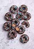 Vegan cinnamon donuts with dark chocolate icing and wintry sugar decorations
