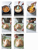 Preparing sweet potato, bacon and garlicstuffed roast chicken