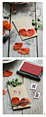 Decorating place cards with stamped initials, poppy blossoms, and poppy pods