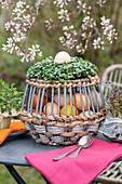 Tischdeko an Ostern, Korb mit Eiern und Kresse am Gartentisch