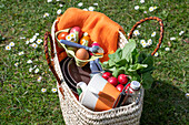 Osterpicknick mit Radieschen, Ostereier, Decke, Tassen und Geschirr in Tasche, auf Wiese liegend