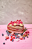 Heart-shaped chocolate raspberry cake