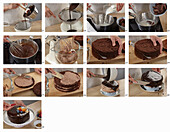 Making chocolate cream cake with chocolate icing