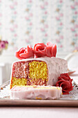 Battenberg cake - chequerboard cake in a marzipan coating