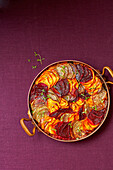 Hearty hot casserole of root vegetables