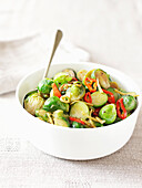 Spicy roasted Brussels sprouts with chilis