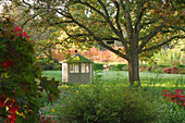 Pavilion in the autumn garden with lawn, trees and rock pear