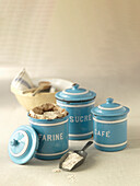 Blue ceramic storage containers with lids