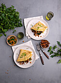 Herb crêpes with Pulled Mushrooms, Spinach and Chickpeas