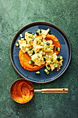 Sweet potato puree with courgette scrambled eggs