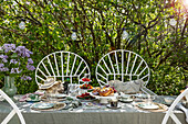 Set table for tea time under lilac bush in the garden