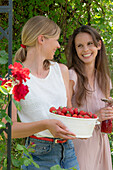 Bowl with fresh strawberries and strawberry drink for the summer party in the garden