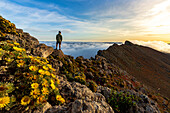 Mann beobachtet den Nebel bei Sonnenaufgang auf den Felsen des Pico de la Zarza, Fuerteventura, Kanarische Inseln, Spanien, Atlantik, Europa