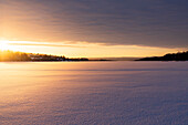 Arktischer Sonnenaufgang über der gefrorenen, schneebedeckten Winterlandschaft, Harads, Lappland, Schweden, Skandinavien, Europa