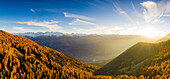 Panoramablick auf den Lärchenwald im Herbst bei Sonnenuntergang, Alpe Mara, Valtellina, Lombardei, Italien, Europa