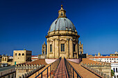Palermo Cathedral, UNESCO World Heritage Site, church rooftop, narrow catwalk against cloudless blue sky, Palermo, Sicily, Italy, Mediterranean, Europe