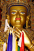 Goldener Sakyamuni-Buddha in einer Gebetshalle eines Klosters, Kathmandu, Nepal, Asien