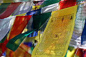 Tibetische Gebetsfahne für Glaube, Frieden, Weisheit, Mitgefühl und Stärke, Pema Osel Ling Kloster, Dakshinkali, Kathmandu, Nepal, Asien