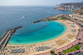 View of Playa de Amadores beach from elevated position, Puerto Rico, Gran Canaria, Canary Islands, Spain, Atlantic, Europe