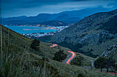 View of trail lights on road to Port de Pollenca at Mirador Es Colomer, Pollenca, Majorca, Balearic Islands, Spain, Mediterranean, Europe