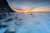 Uttakleiv beach at sunset, Vestvagoy, Nordland county, Lofoten Islands, Norway, Scandinavia, Europe
