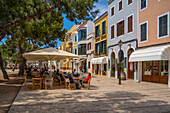 View of cafes in Placa de Senplaxada, Ciutadella, Menorca, Balearic Islands, Spain, Mediterranean, Europe