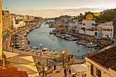 View of marina at golden hour from elevated position, Ciutadella, Menorca, Balearic Islands, Spain, Mediterranean, Europe