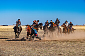Männer üben Kokpar, nationales Pferdespiel, Kasachstan, Zentralasien, Asien