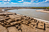 Aerial of Saray-Juk ancient settlement on the Ural Rver, Atyrau, Kazakhstan, Central Asia, Asia