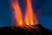 Lava bombs erupt from multiple vents on volcano, active for at least 2000 years, Stromboli, Aeolian Islands, UNESCO World Heritage Site, Sicily, Italy, Mediterranean, Europe