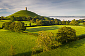 Glastonbury Tor on a sunny September misty morning, Glastonbury, Somerset, England, United Kingdom, Europe