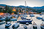 View of boats in the harbour at Ika at dusk, Ika, Kvarner Bay, Eastern Istria, Croatia, Europe