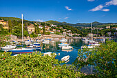 View of boats in the bay at Ika, Kvarner Bay, Eastern Istria, Croatia, Europe