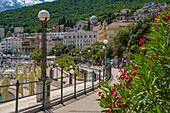 View of church and hotels overlooking promenade in Opatija, Kvarner Bay, Eastern Istria, Croatia, Europe