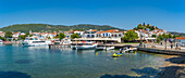 View of Belvedere Skiathos Old Port and Skiathos Town, Skiathos Island, Sporades Islands, Greek Islands, Greece, Europe