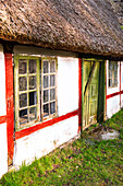Detail eines traditionellen alten dänischen Bauernhauses mit Reetdach in der Landschaft von Seeland, Seeland, Dänemark, Skandinavien, Europa