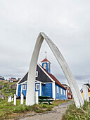 Exterior view of the Bethel Church, built in 1775, in the Town centre in the city of Sisimiut, Greenland, Denmark, Polar Regions