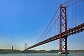 25 April suspension bridge over the Tagus River and Almada Christ, Lisbon, Portugal, Europe
